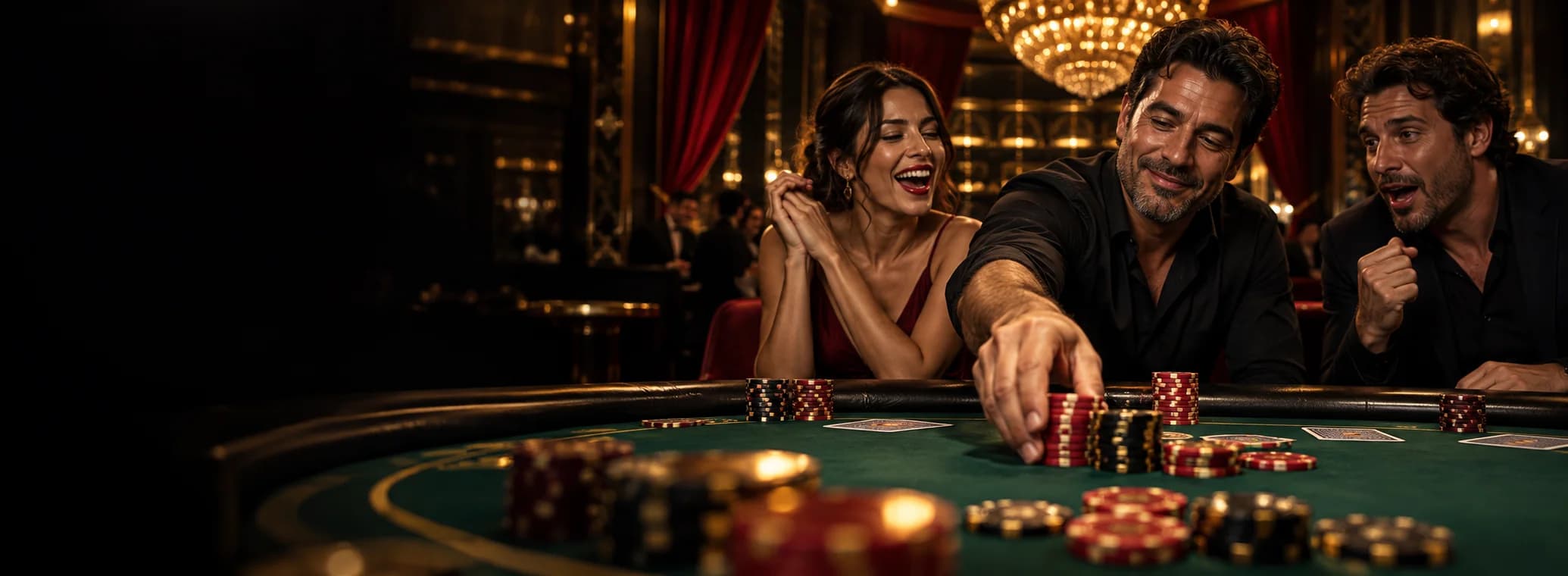 Amigos adultos disfrutando una mano de cartas en una mesa de casino