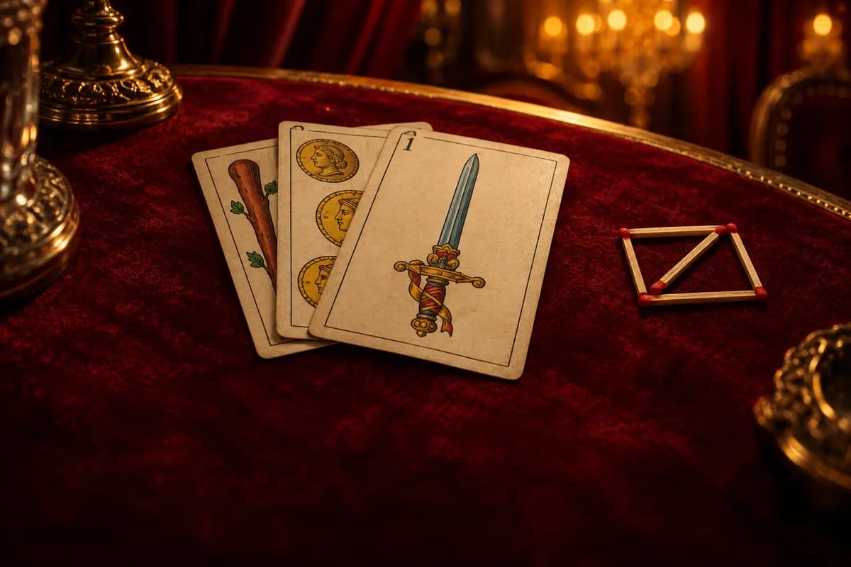 Cartas españolas y fósforos sobre paño rojo